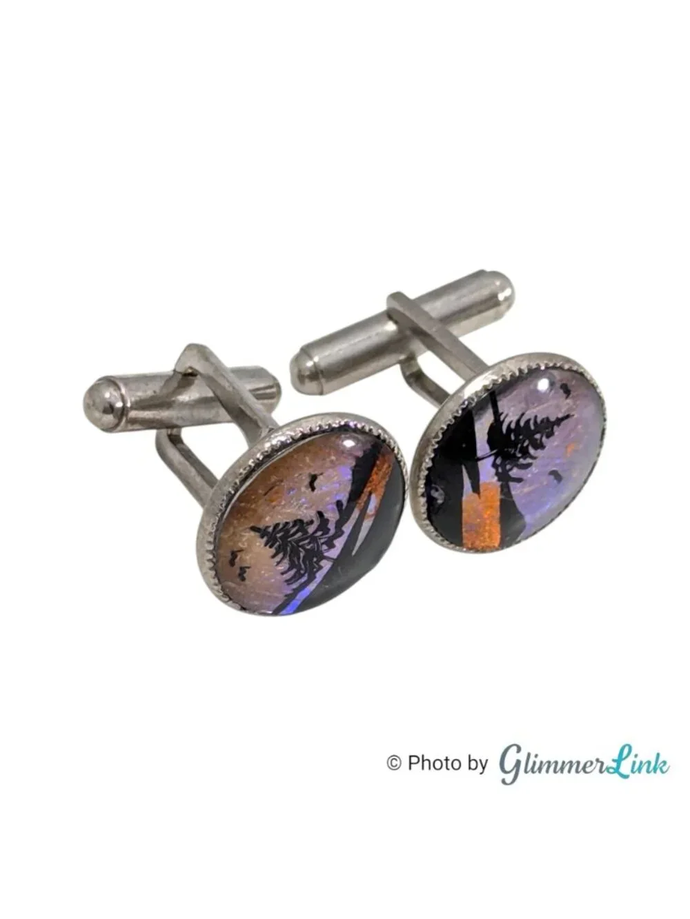Vintage Butterfly Wing Landscape Cufflinks Hand Painted Scenic Silver Tone